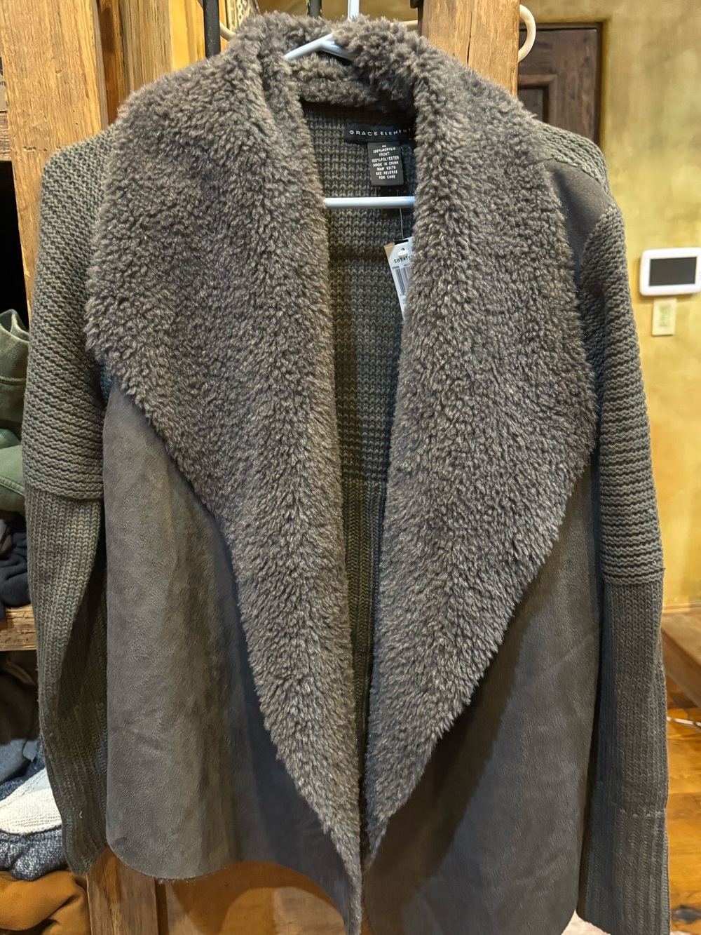 Grace Elements Plush Draped Teddy Jacket in Charcoal Brown